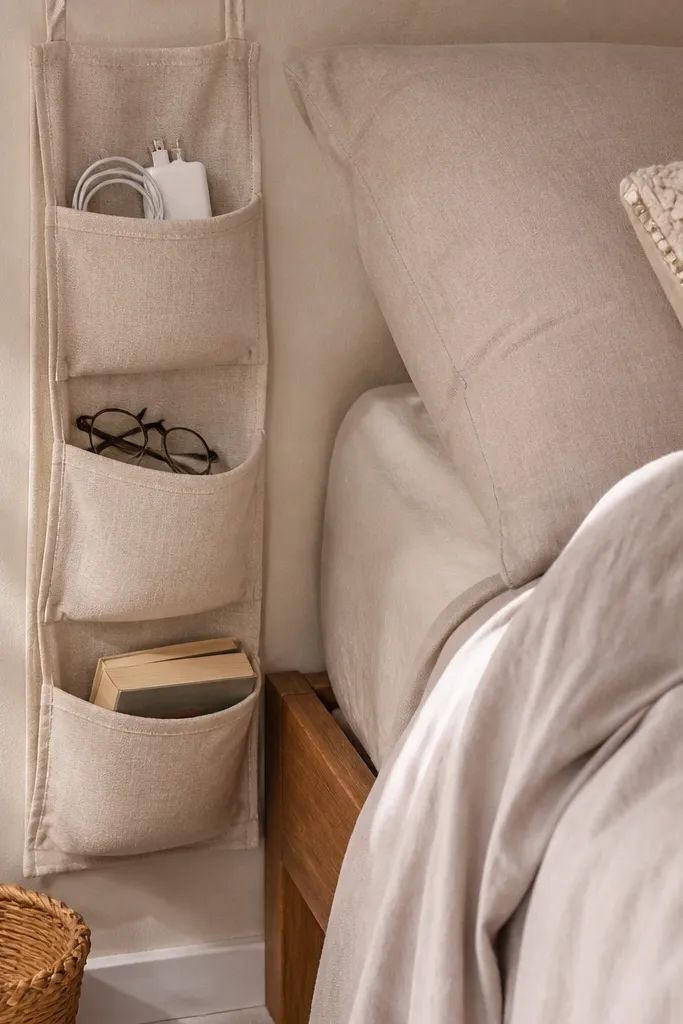Fabric wall pockets mounted near the bed for books and small items.