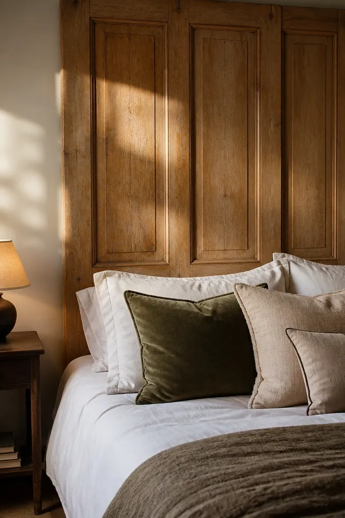 A reclaimed door mounted behind a bed with soft bedding and warm lighting.