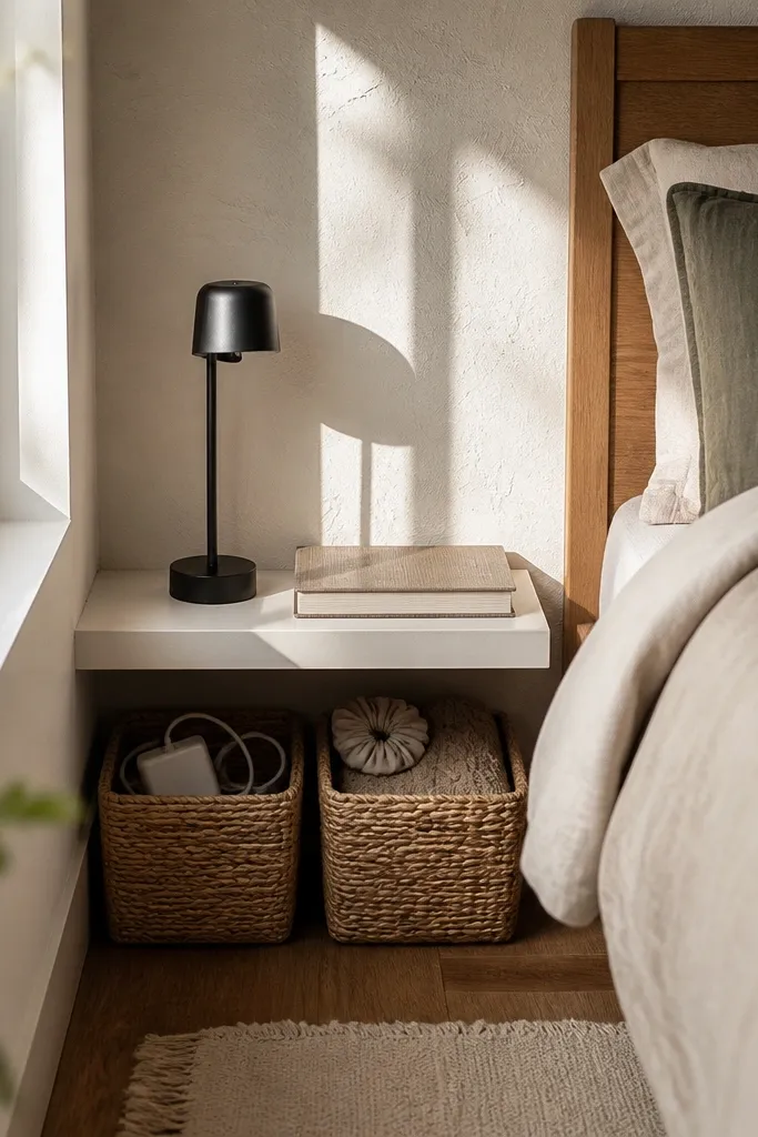 A floating shelf with one lamp and two baskets beside a bed.