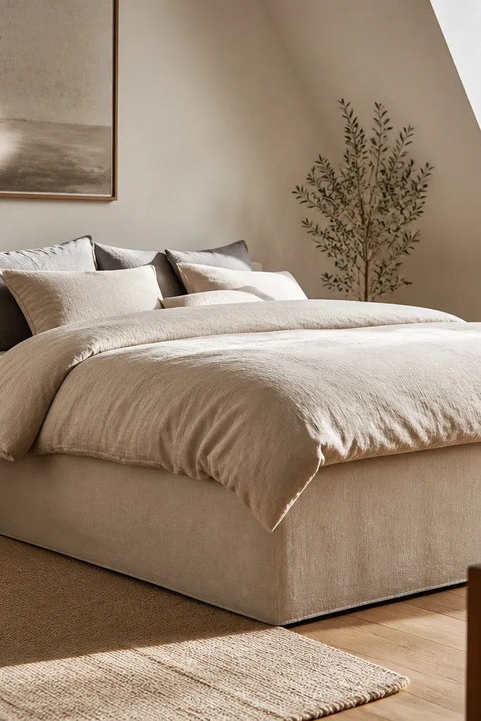 A fitted bed skirt in a warm neutral fabric covering the bed frame.