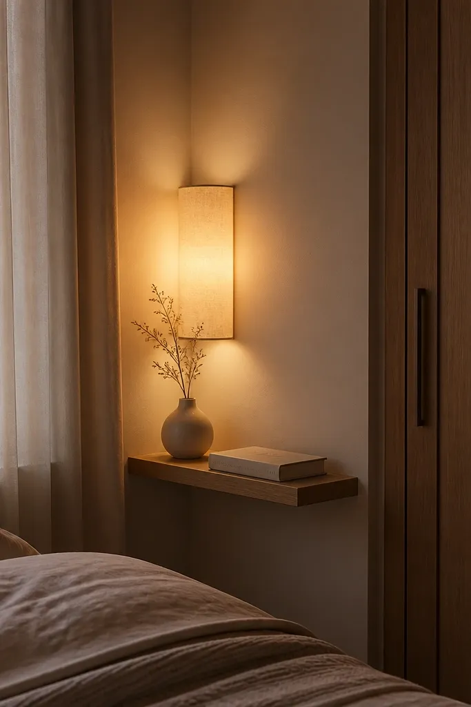 A small corner shelf with a warm light source and soft decor.