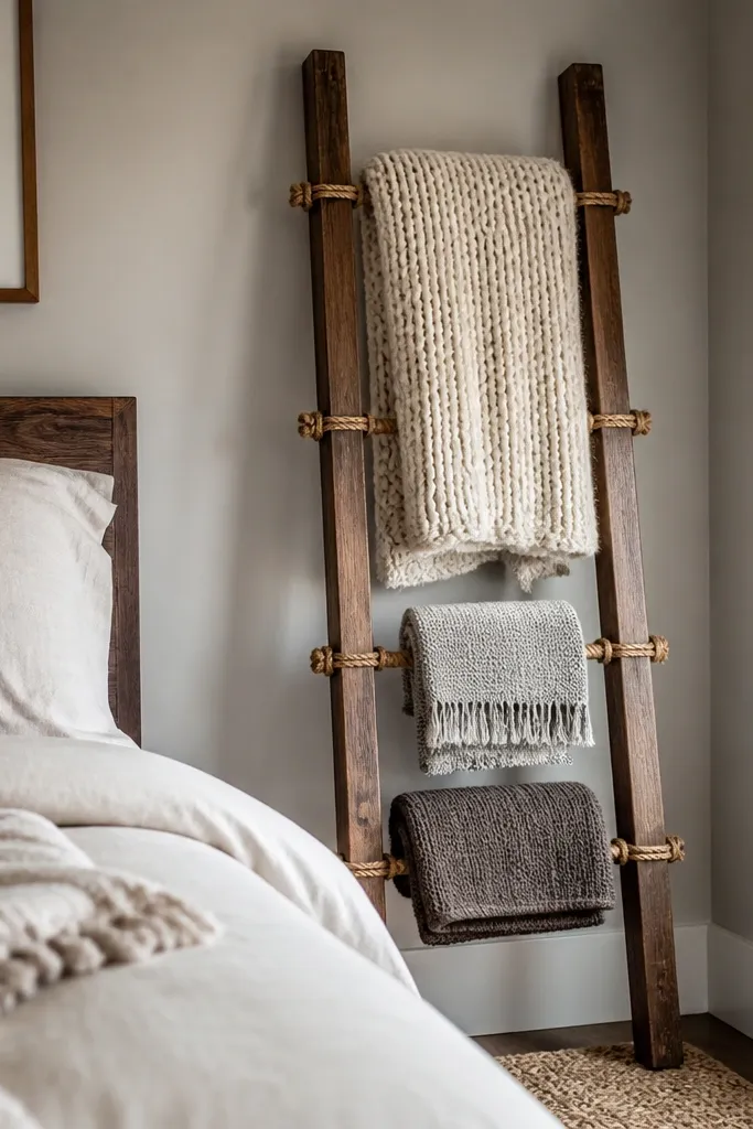 A small wooden blanket ladder leaning against a wall with a folded throw.