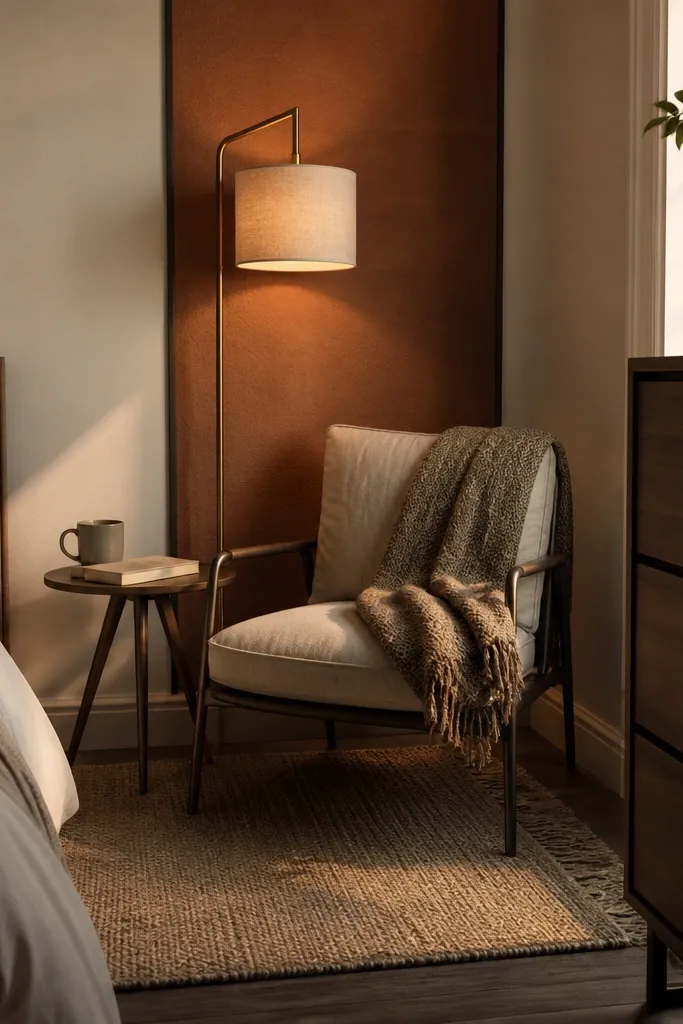 A small corner with a chair, a floor lamp, and a textured throw.