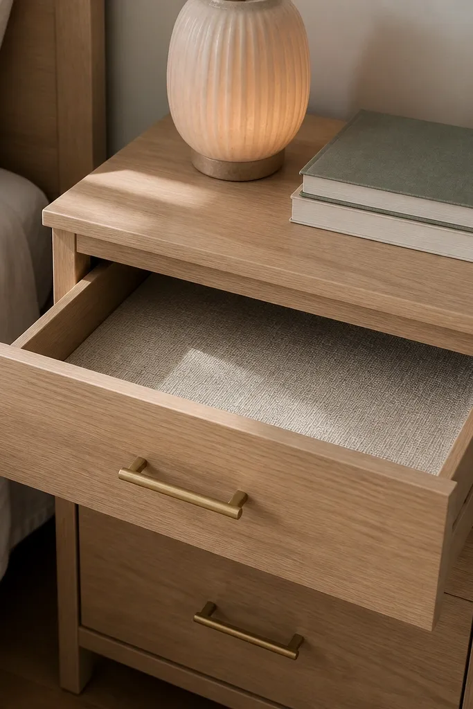 A refreshed nightstand with new knobs and a patterned drawer liner.