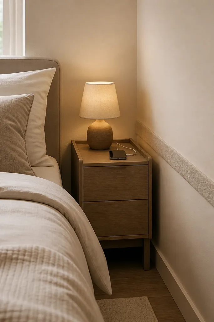 Cables hidden behind a fabric runner beside a bed with a tidy charging setup.