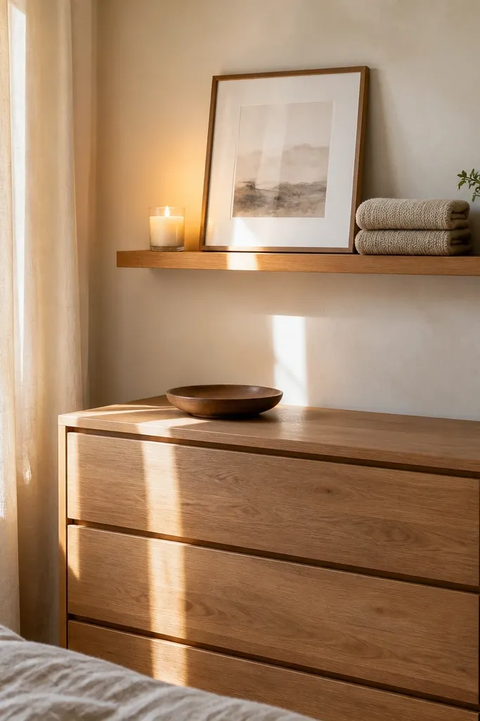 A small shelf above a dresser with one plant, one candle, and framed art.