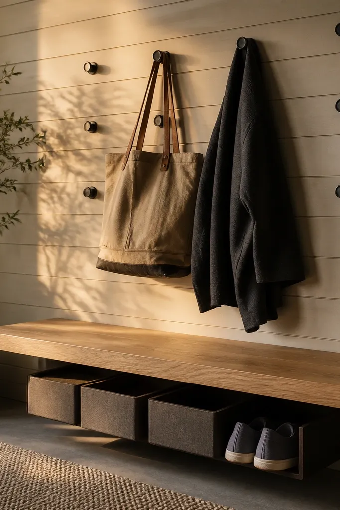 White shiplap wall with black hooks, floating bench, and shoe area bins