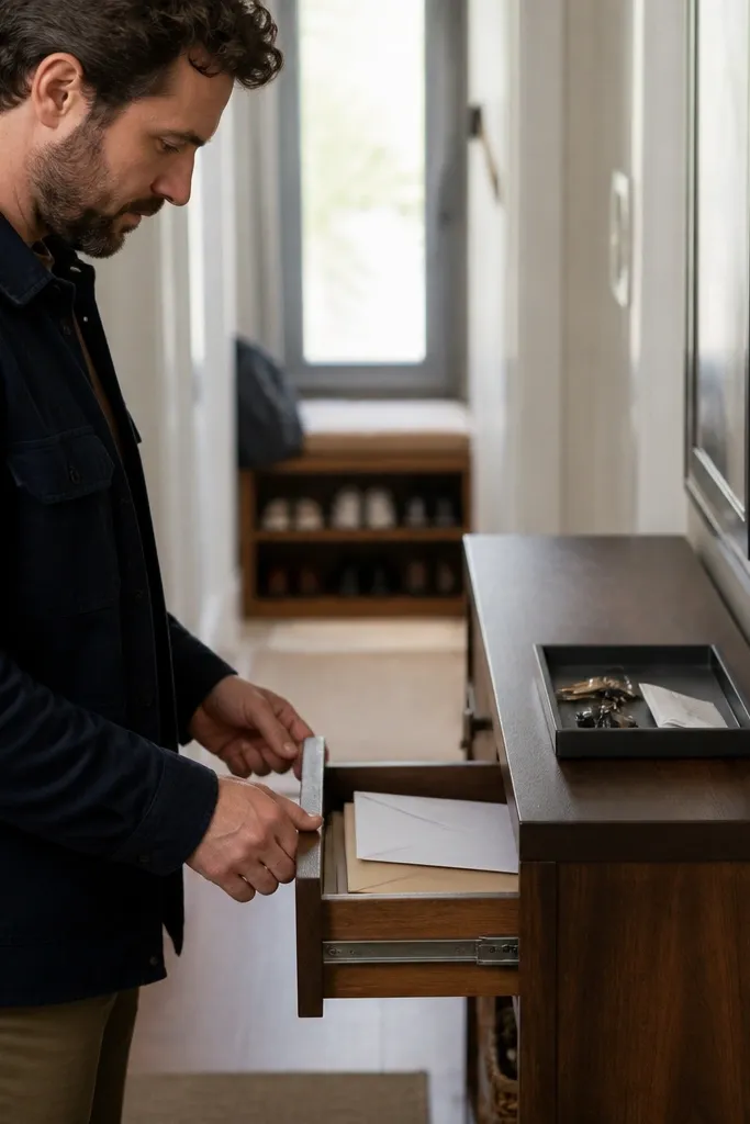 Slim entry console with drawer for mail and a wood tray on top