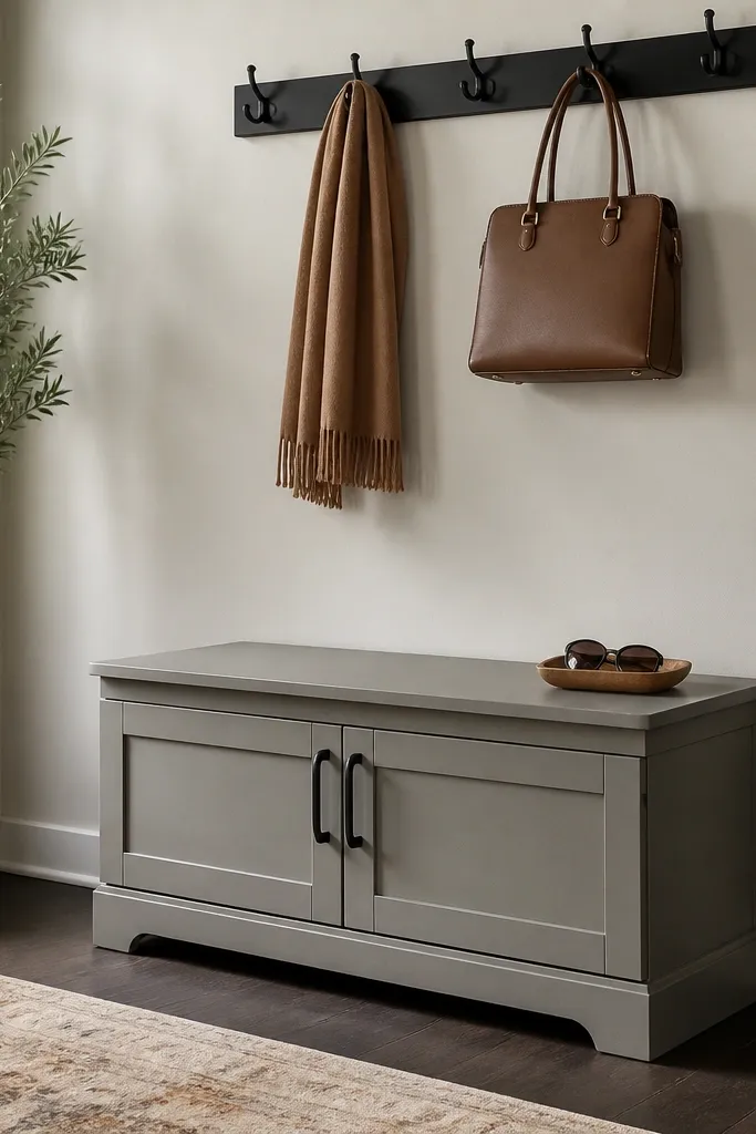 Entry bench with closed shoe storage doors and wall hooks above