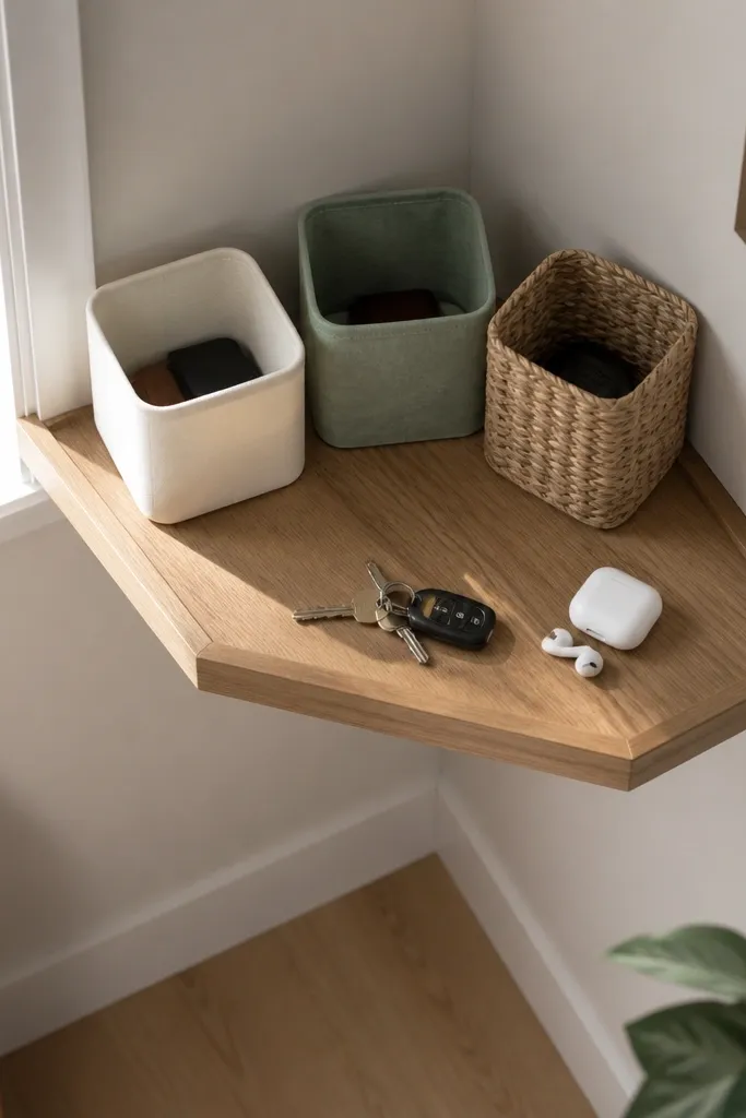 Wall shelf in a corner with three bins and a small key ledge