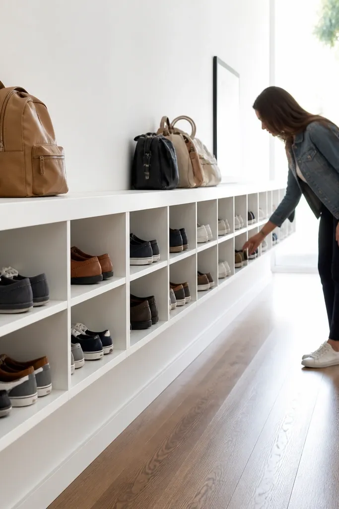 White wall shoe cubbies with a slim top ledge for bags