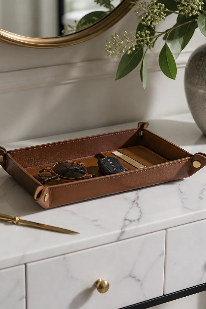 Marble-look console with leather key tray and brass details