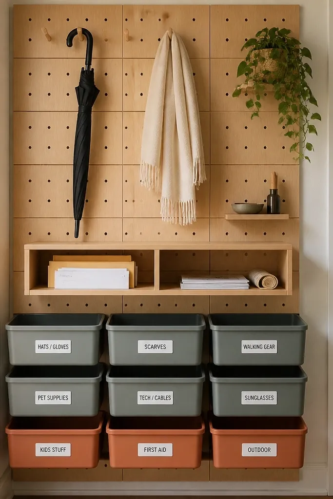 Pegboard wall with labeled bins and a mail sorter shelf