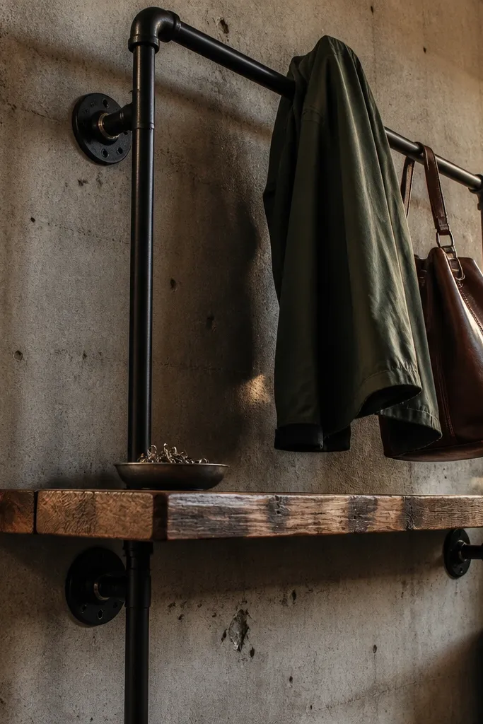 Black pipe coat rack with reclaimed wood shelf and hooks for coats