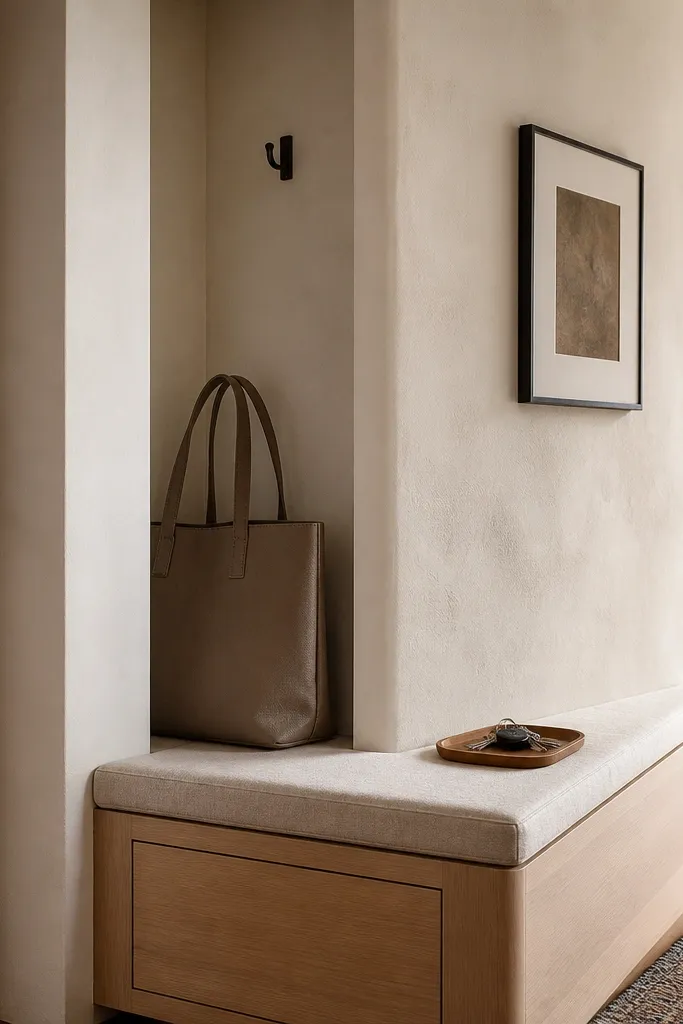 Entry nook with bench seat and vertical cubby for bags beside it