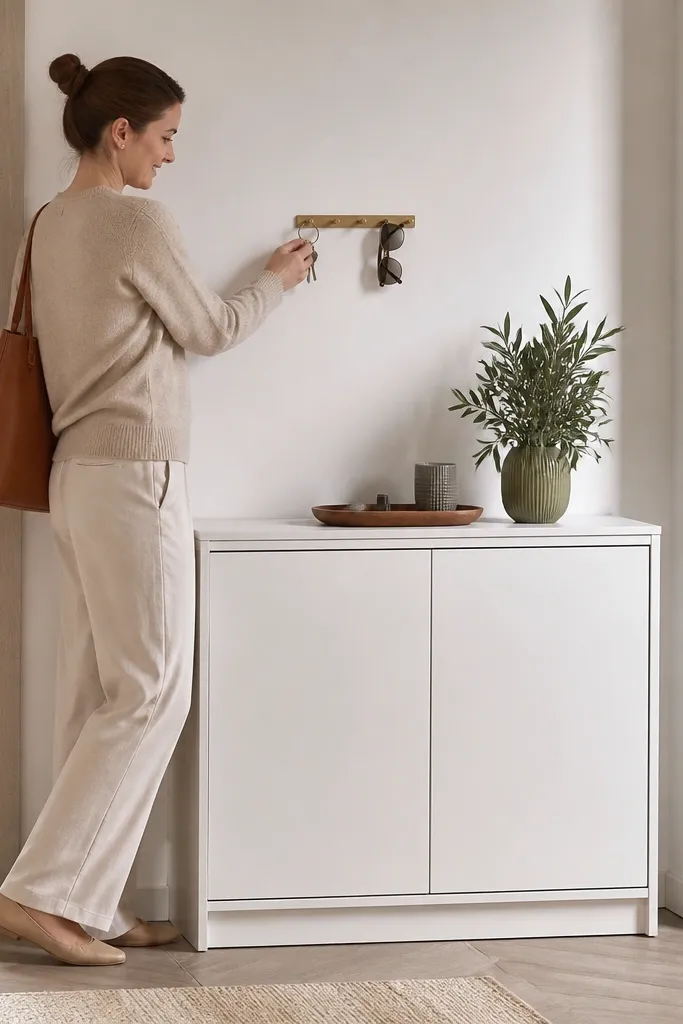 Low shoe cabinet with top ledge and separate key hook rail above