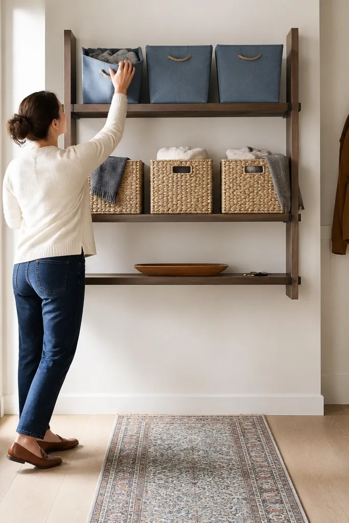 Wall-mounted shelf ladder with two rows of bins for shoes and gear