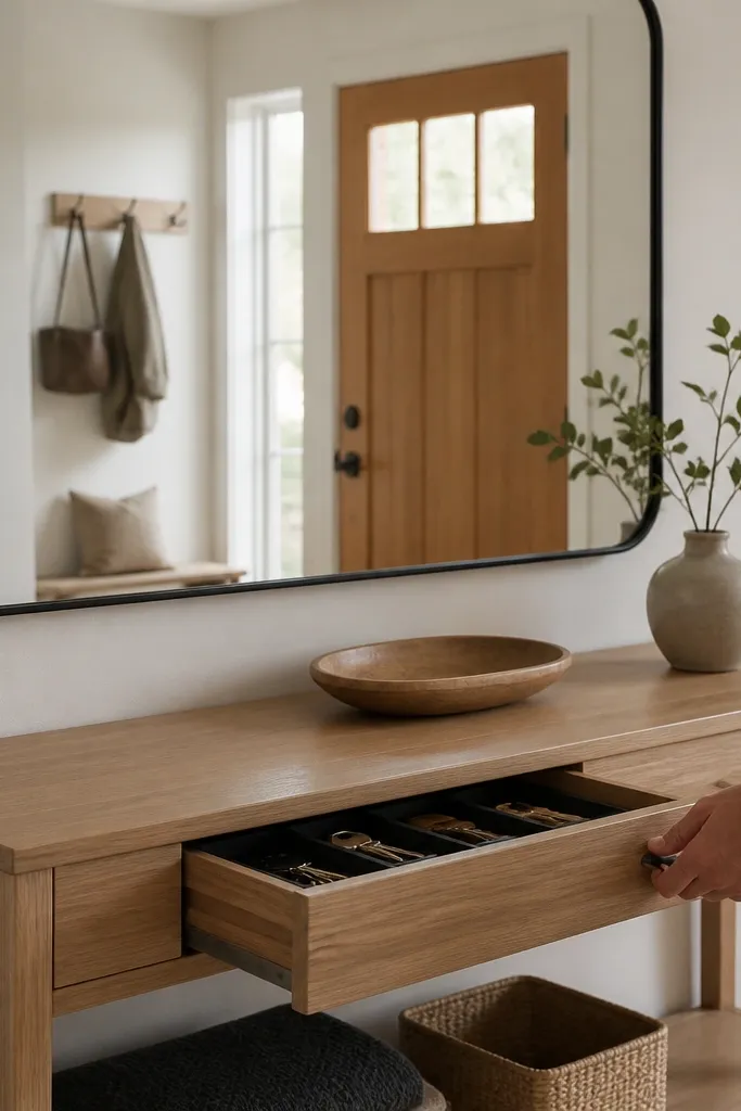 Large wall mirror with slim console beneath and hidden key drawer
