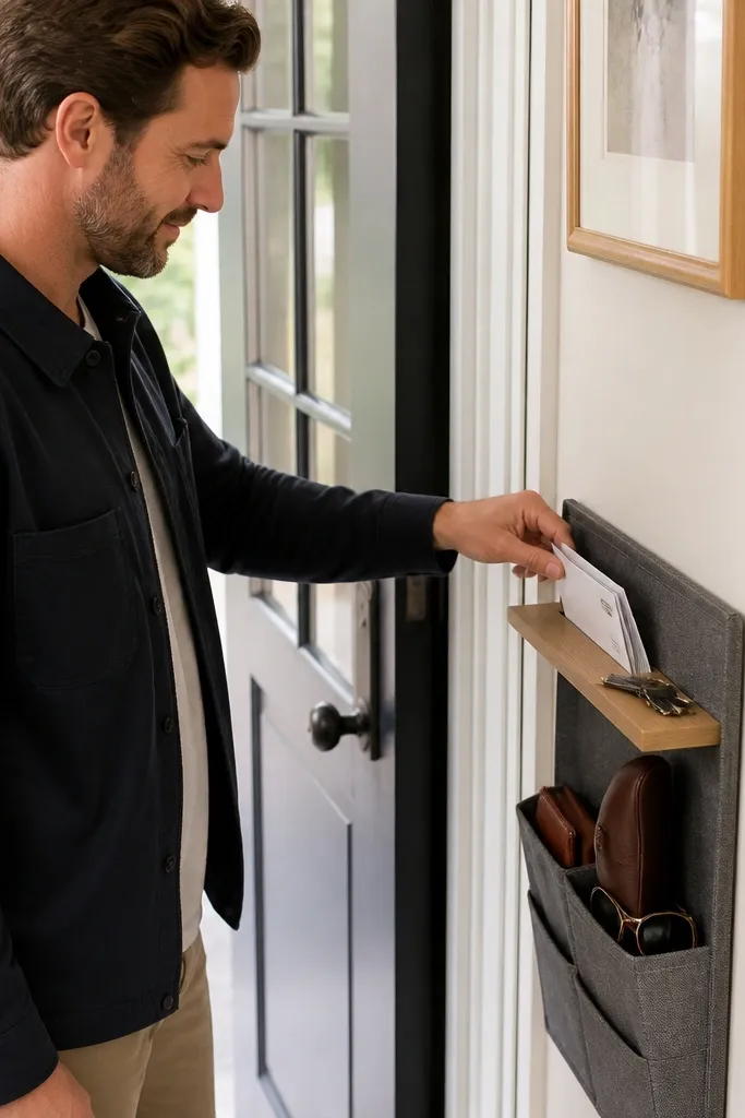 Hanging organizer by the door with a small shelf for mail and keys