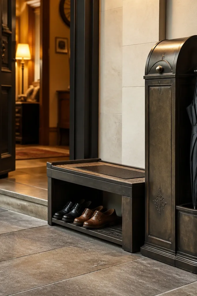 Roll-top mail box next to a narrow bench and umbrella stand