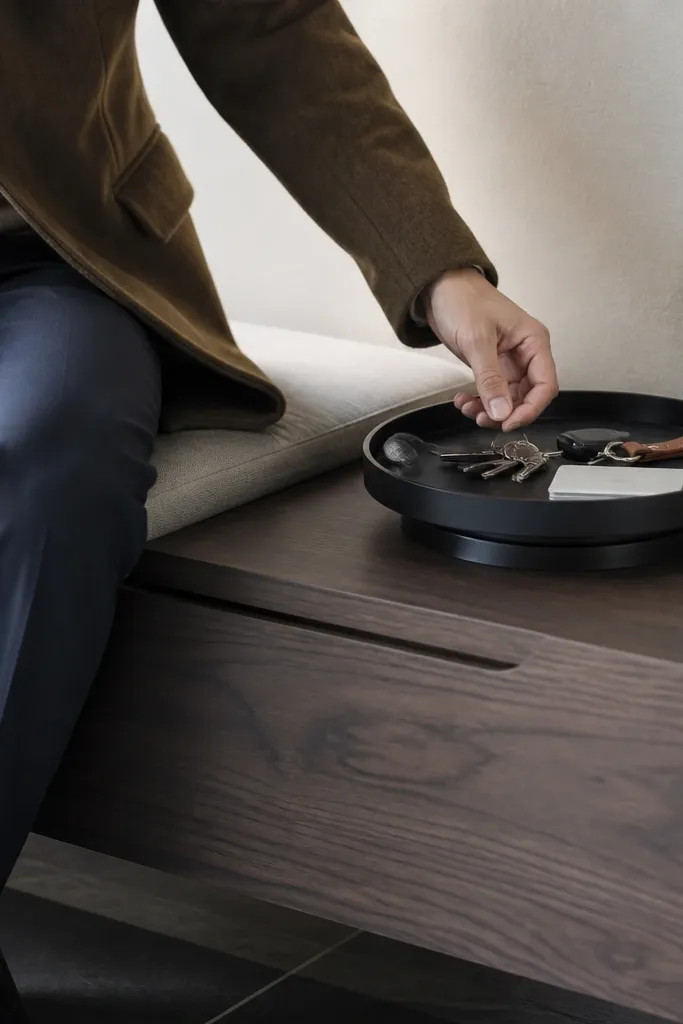 Shoe drawer bench with a rotating key tray on top