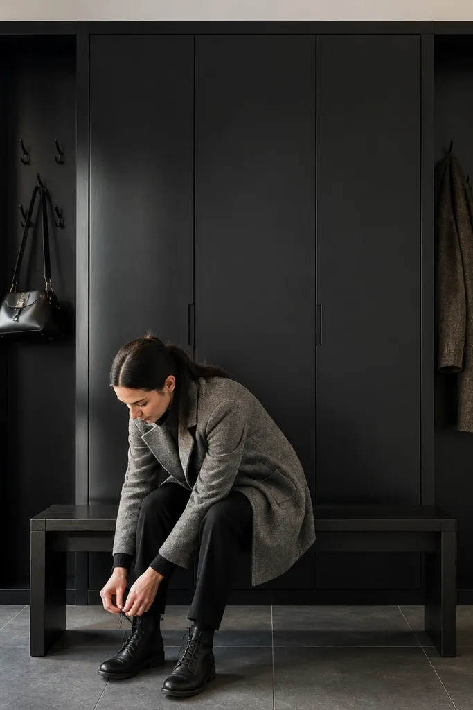 Matte black entry cabinet with side hooks and a bench in front