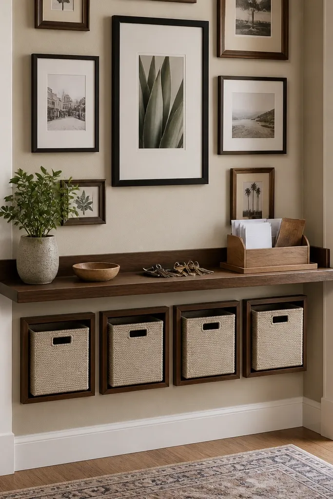 Small gallery wall with narrow shelf ledge and labeled bins for entry items
