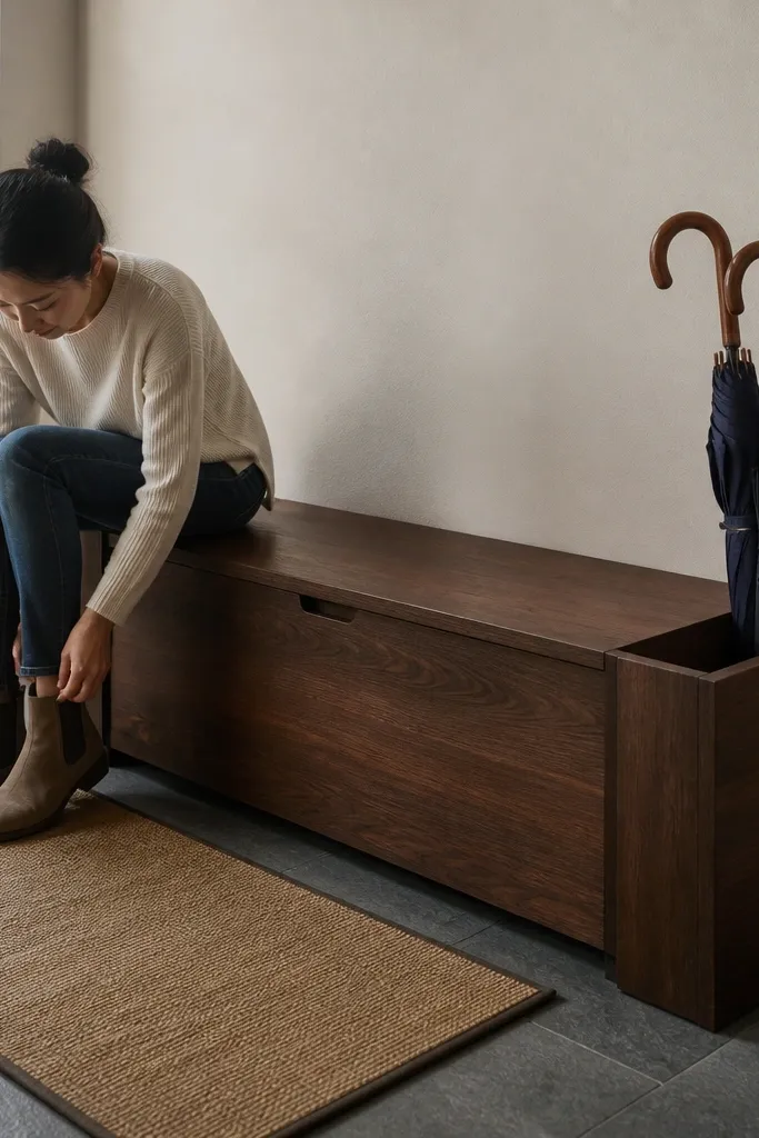 Shoe bench with flip-up top and umbrella channel for wet items