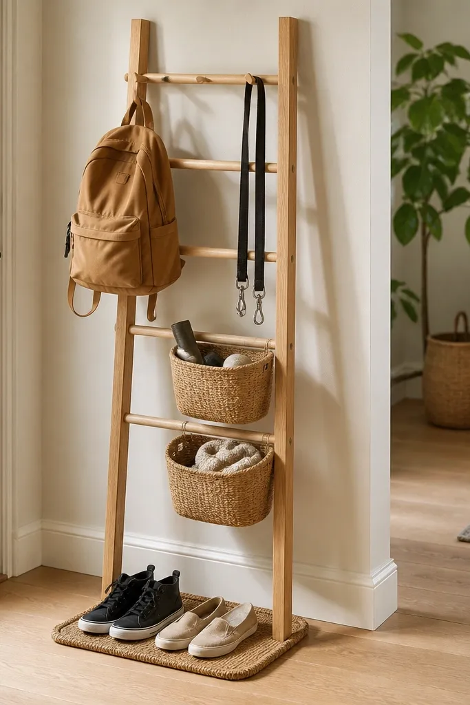 Light oak ladder rack with hanging baskets and a shoe mat landing zone