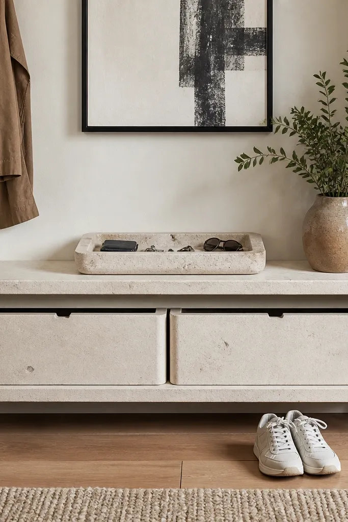 Stone-look wall shelf with two tiers and covered bins for shoes