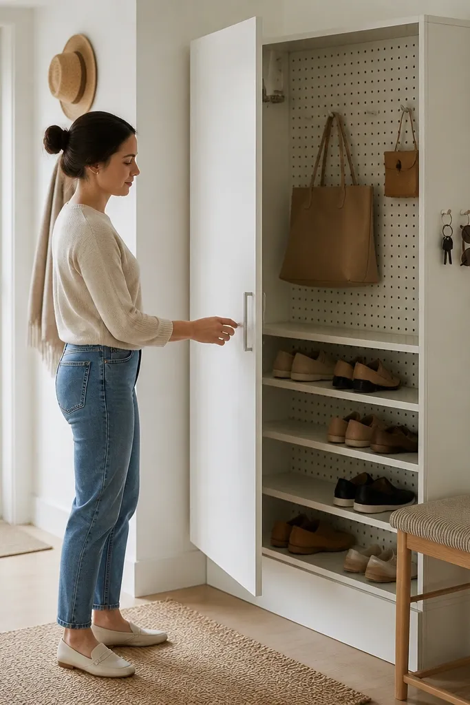 Cabinet with pegboard interior, front door for shoes, side key hooks