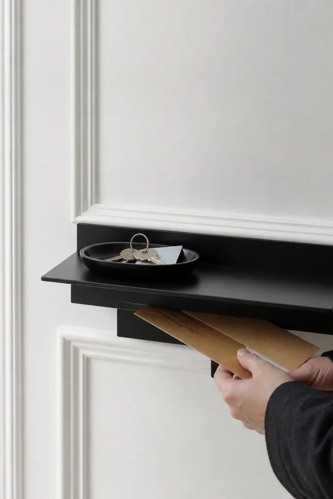White wall with molding, slim black shelf, mail slot, and key dish