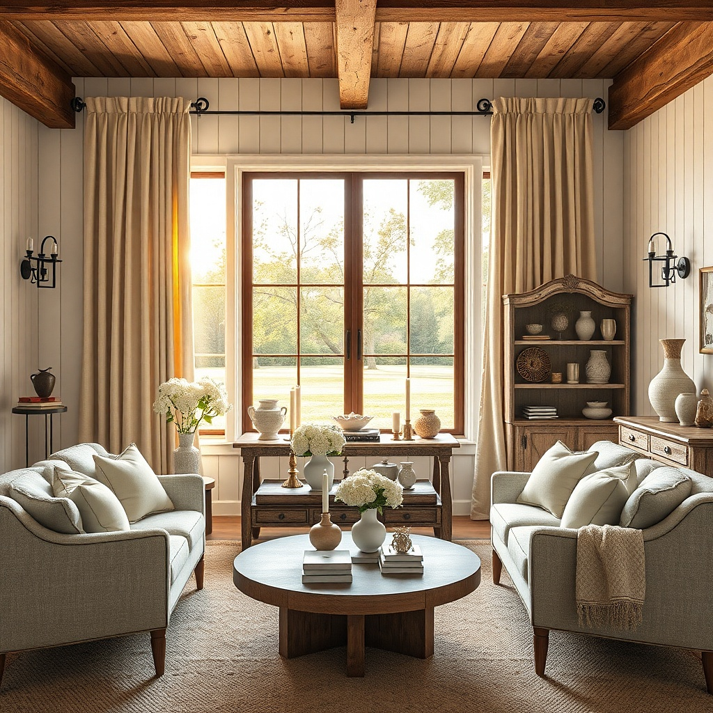 Warm ivory velvet curtains in a farmhouse living room