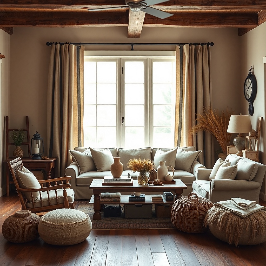 Mushroom stripe curtains beside a beige sofa