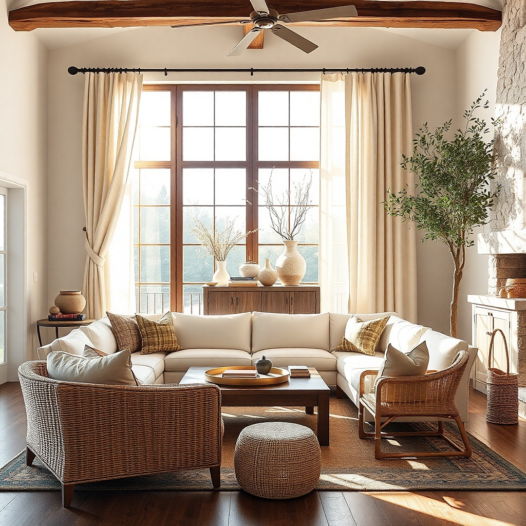 Layered sheer and linen curtains on double rods