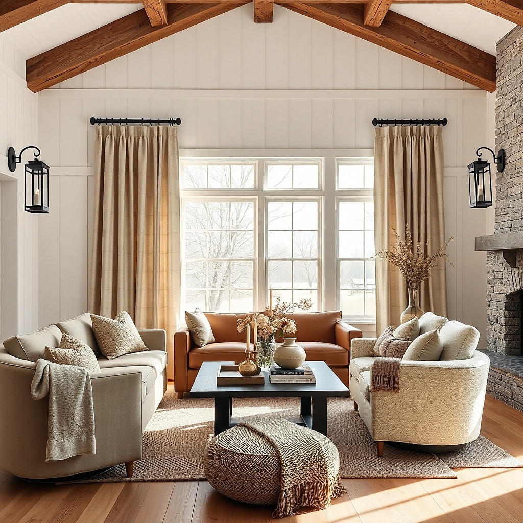 Stone beige curtains on black iron rods
