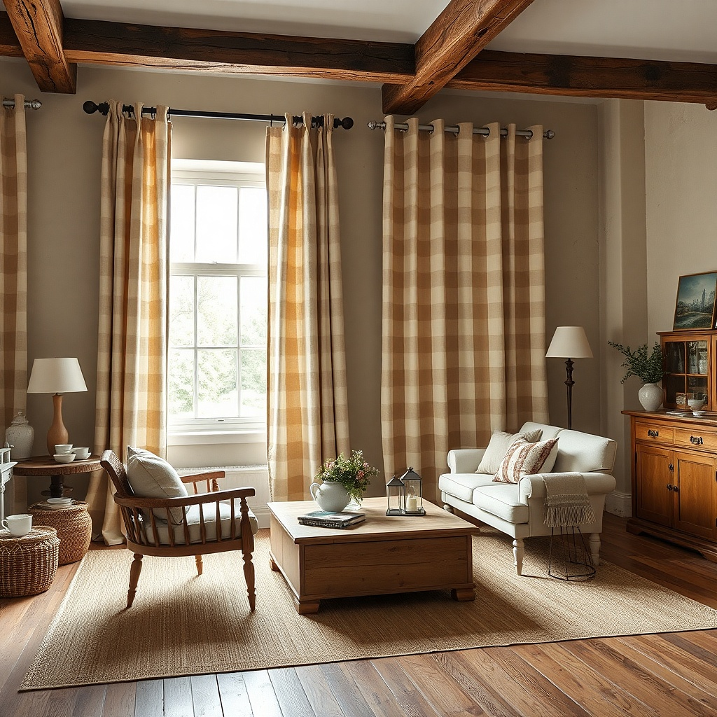 Large-scale checked linen curtains in a farmhouse living room