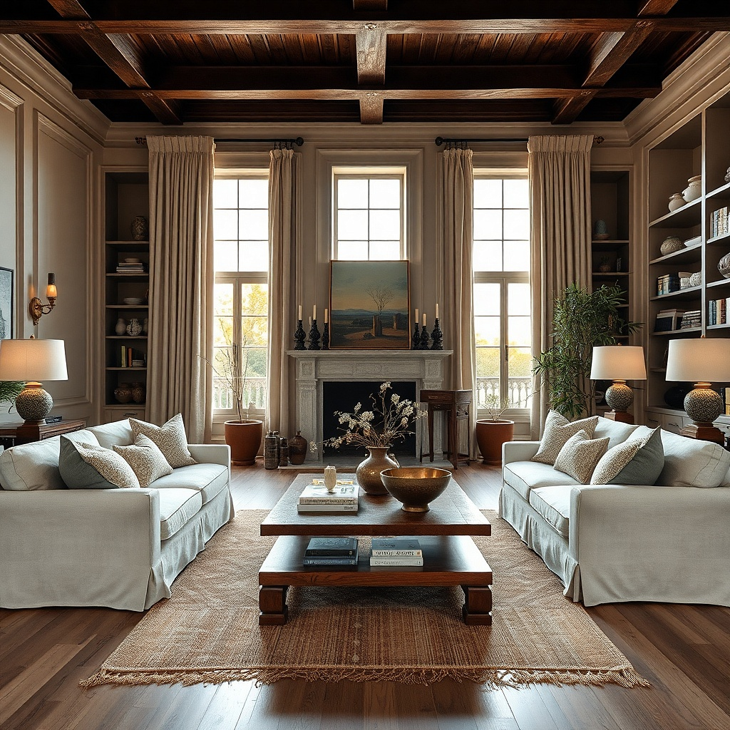 Greige linen curtains puddle on wood floors