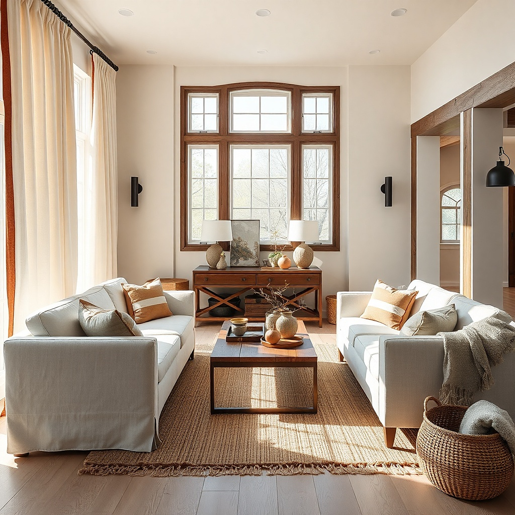 Cream curtains with a narrow woven trim on the front edge