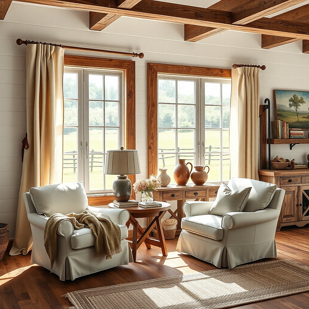 Oatmeal back-tab curtains in a casual farmhouse living room
