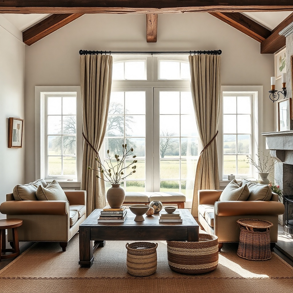 Pale olive linen curtains in a wood-filled living room