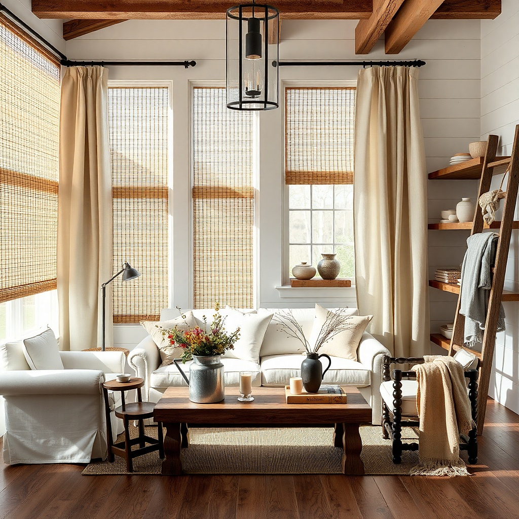 Woven shades layered under full-length flax drapes
