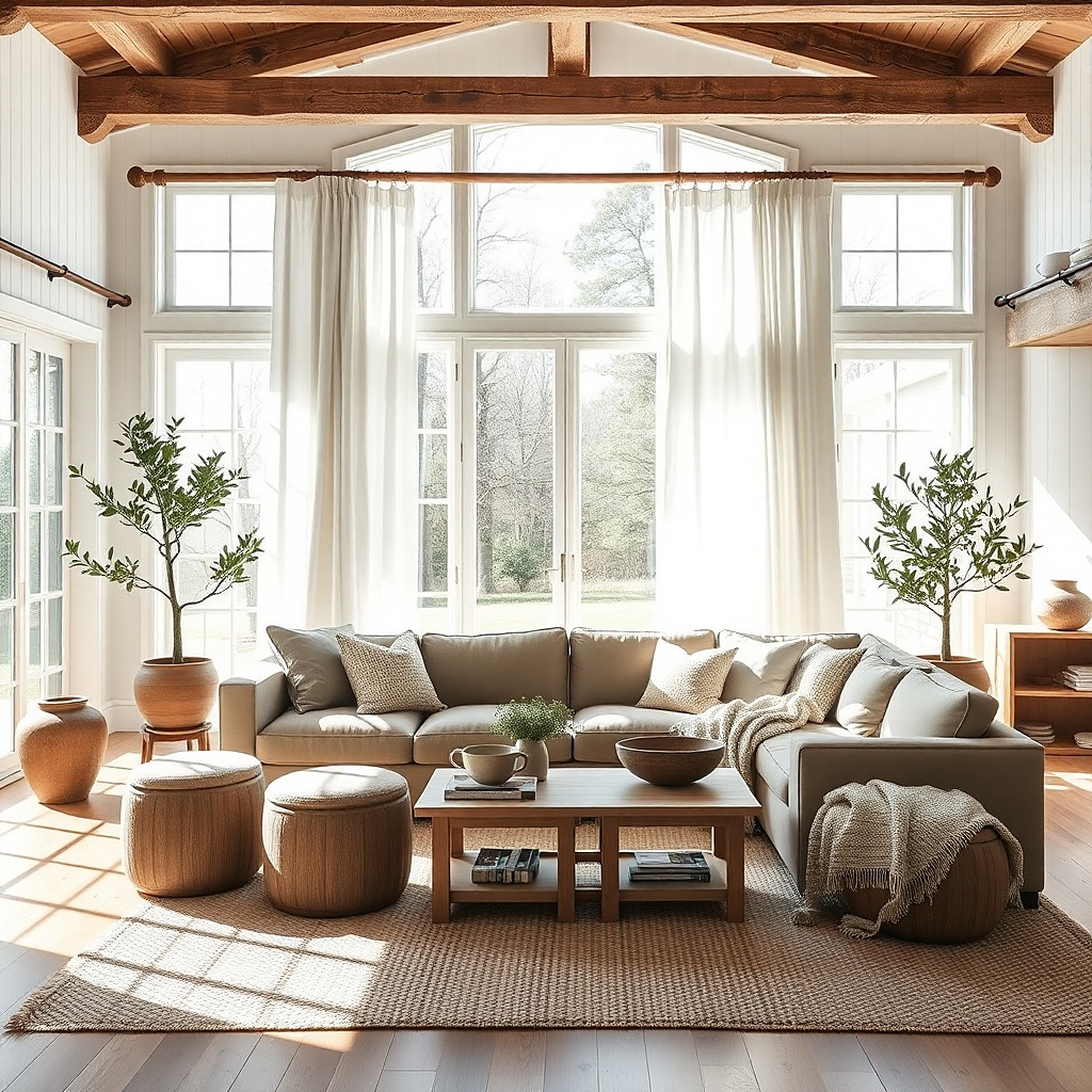 Soft white linen curtains on a light wood rod
