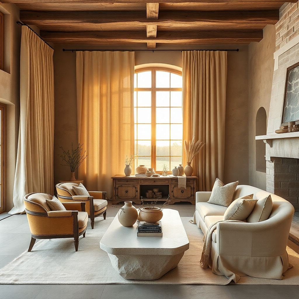 Sand-colored curtains against warm beige walls