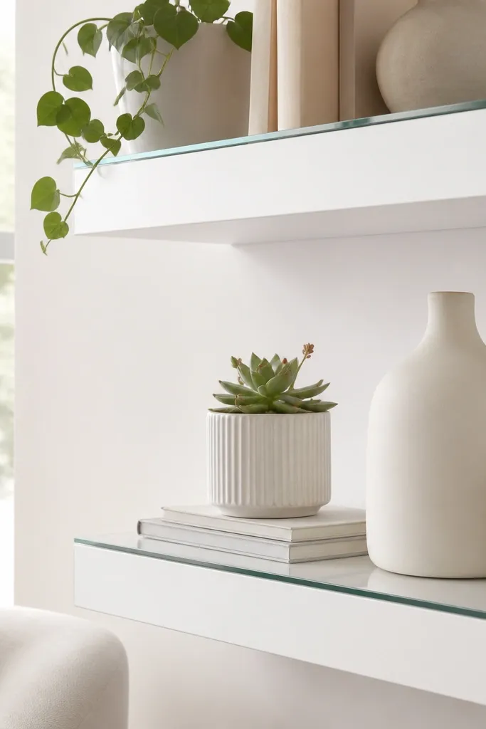 A small kitchen counter with a white contact-paper backsplash strip behind a clear glass shelf edge. A few white ceramic jars sit on the counter, and a black-and-white striped dish towel hangs from a tension rod.