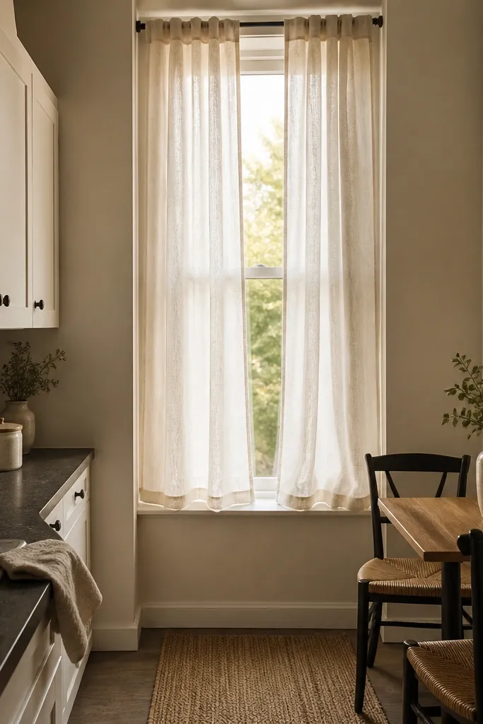 A small window over a sink is covered with sheer white linen curtain panels on a black tension rod. A small white ceramic mug and a tiny plant sit on the sill.