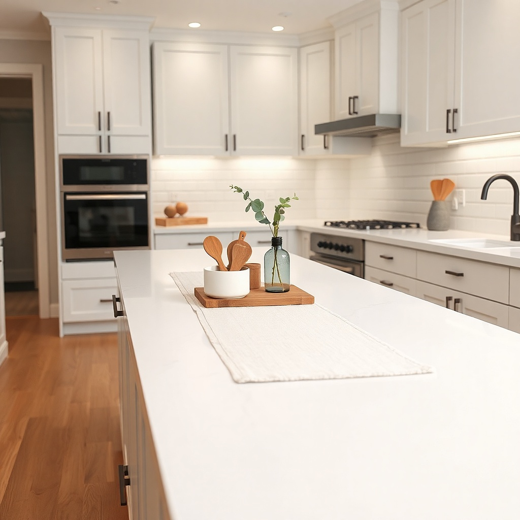A white fabric runner with a thin black grid border runs along a narrow kitchen counter. Small white jars and a wooden cutting board sit on top.