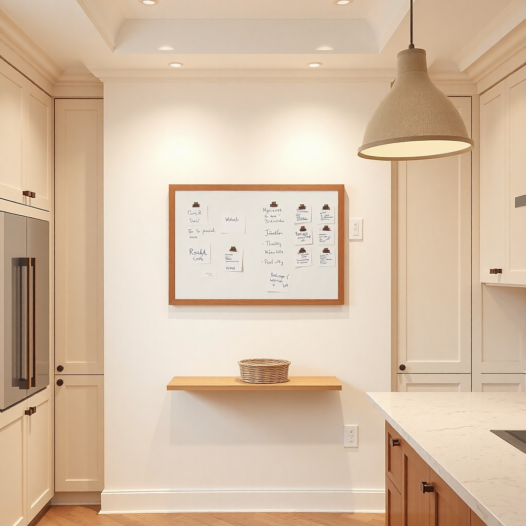 A small rectangular magnetic whiteboard hangs on the side of a refrigerator, with handwritten labels and a weekly meal menu in black marker. A white frame matches the kitchen.