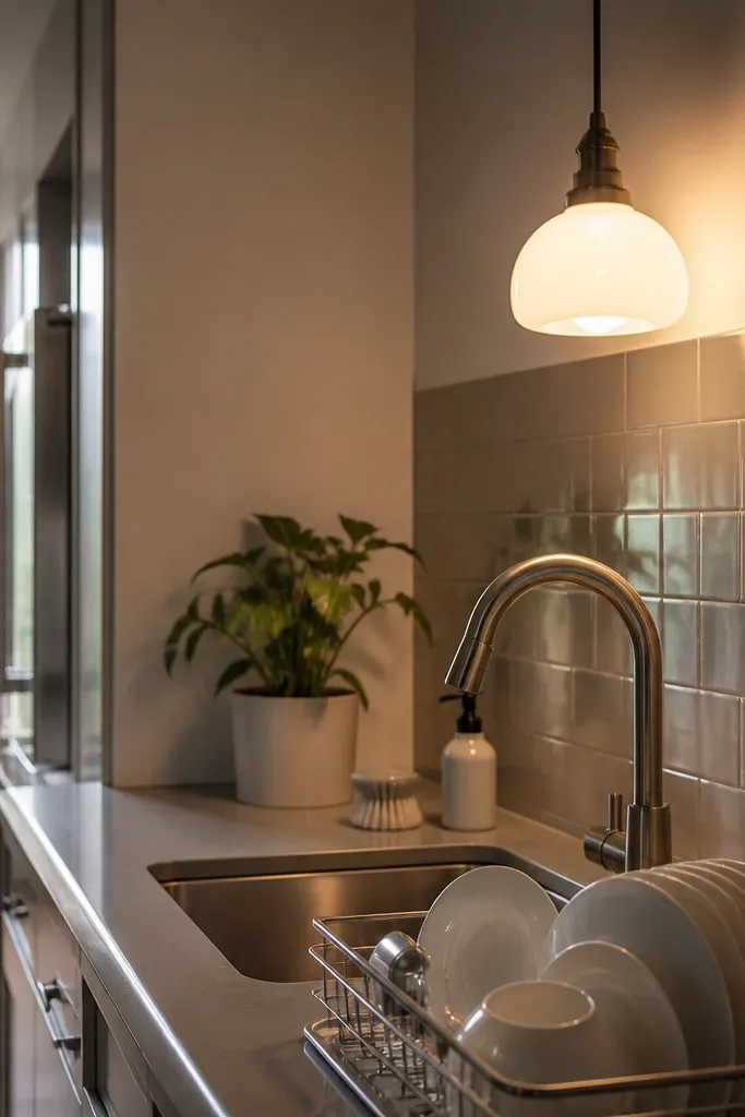 A pendant light over a kitchen table uses a milk-glass shade. The bulb glows softly, and the surrounding ceiling is painted bright white.