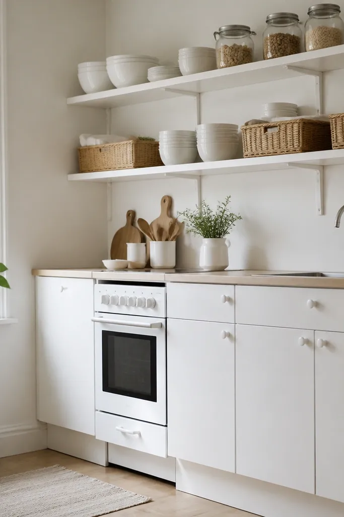 A small open shelf unit painted white holds a few white plates and bowls. Two wicker baskets sit on the bottom level.